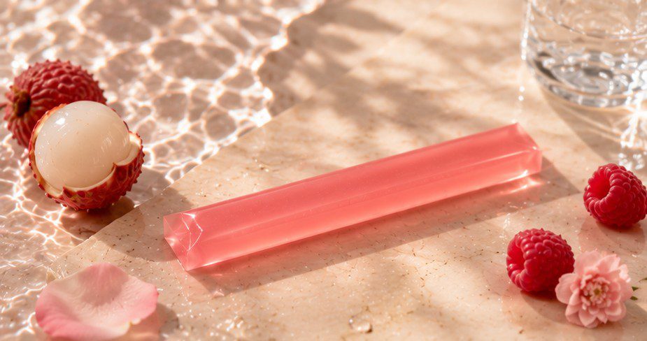 Pink lychee jelly stick with raspberry and pomegranate