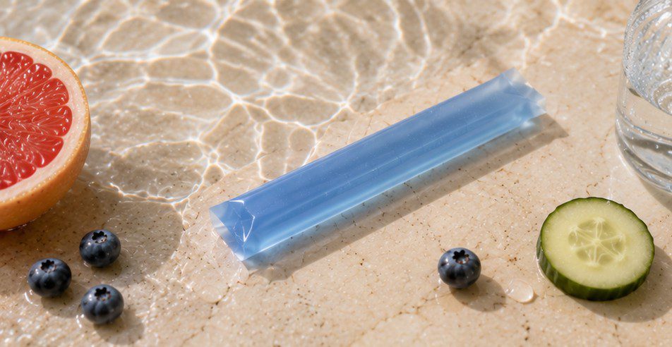 Pale blue jelly stick with grapefruit and cucumber