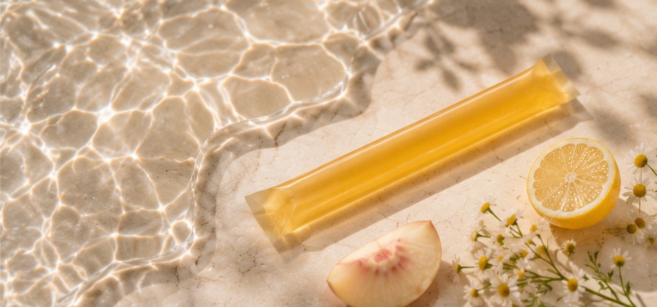 Daily jelly stick on travertine beside rippling water with lemon, white peach and chamomile