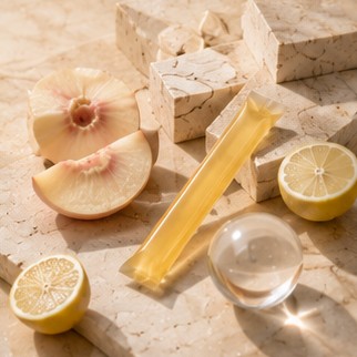 Daily jelly stick leaning on stone blocks with peach halves and a glass sphere