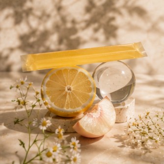 Daily jelly stick on a lemon slice under dappled leaf shadow