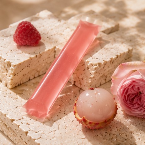 Glow jelly stick leaning on travertine blocks with raspberry, lychee and a rose