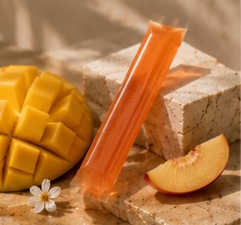 Move jelly stick standing between travertine blocks with apricot and mango