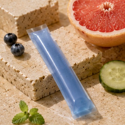 Recover jelly stick on wet travertine with grapefruit, blueberries and cucumber