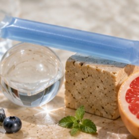 Recover jelly stick in water with ice cubes, blueberries and mint