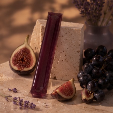 Rest jelly stick leaning on stone with fig, grapes and lavender in a vase